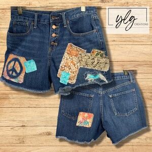 Old Navy Cut Off Jean Short Patchwork Retro Denim Boho Hippie Peace Button Fly